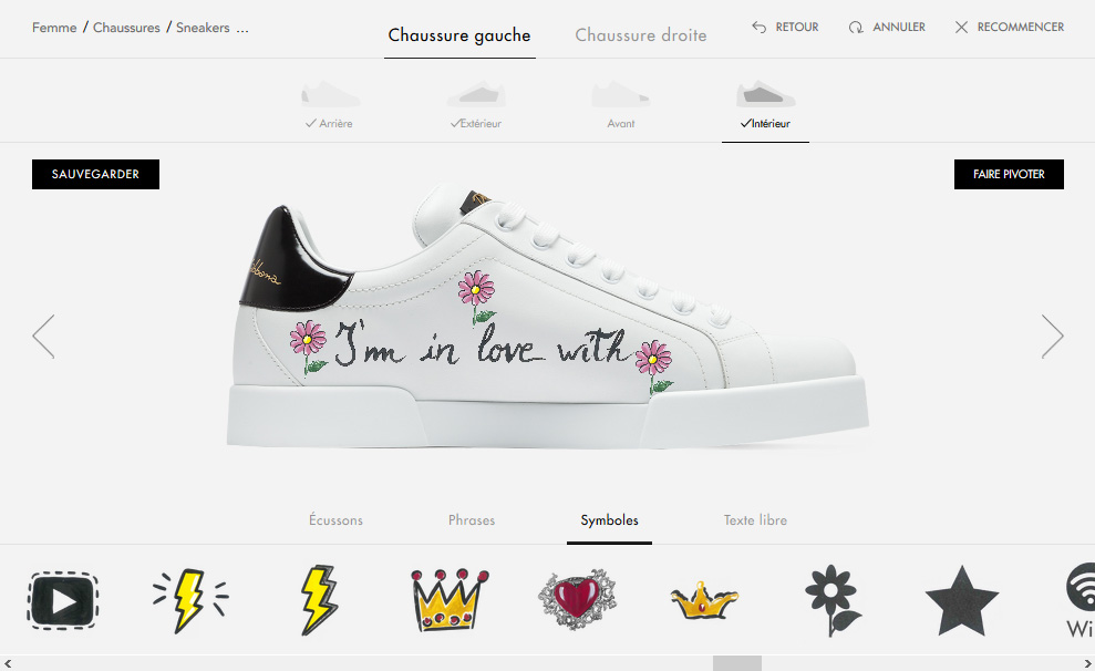 interface de l'outil de personnalisation des baskets Dolce & gabbana