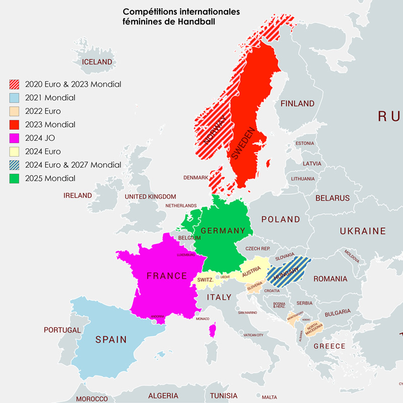 Carte des compétitions internationales féminines de Handball