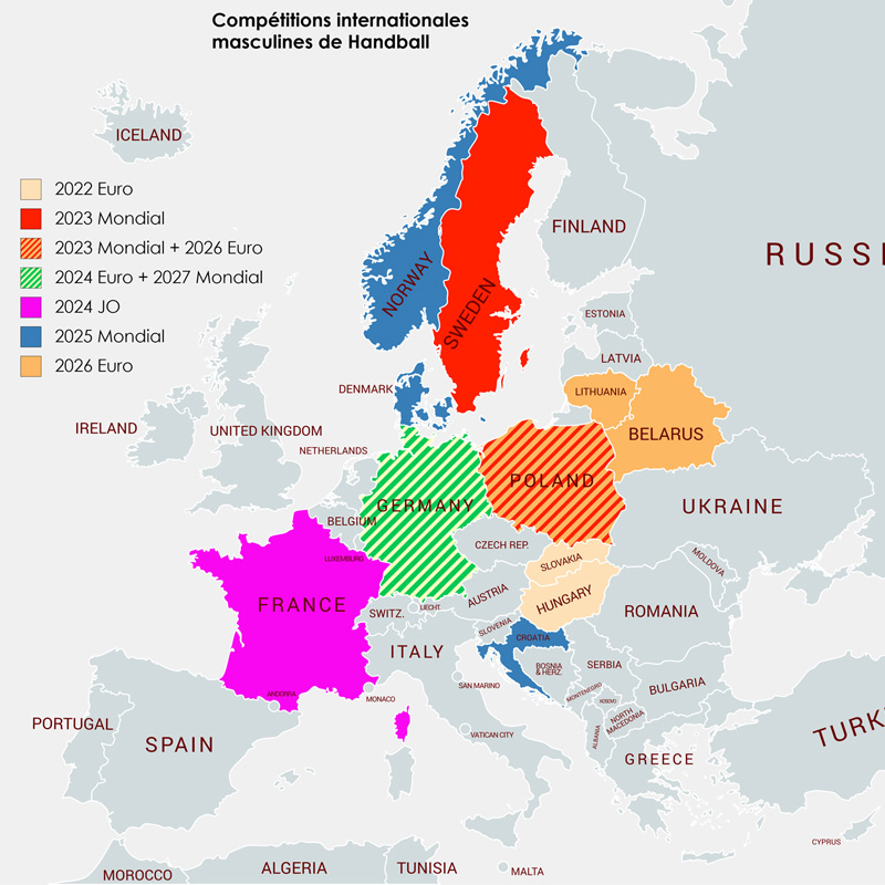 Carte des compétitions internationales masculines de Handball